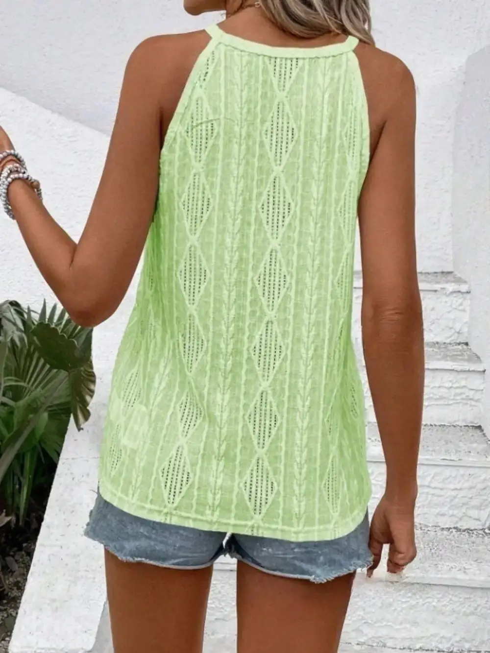 Round Neck Eyelet Textured