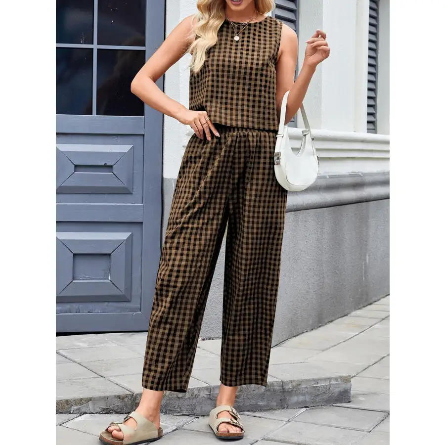 Lovelet Plaid Round Neck Sleeveless Top and Pants Set