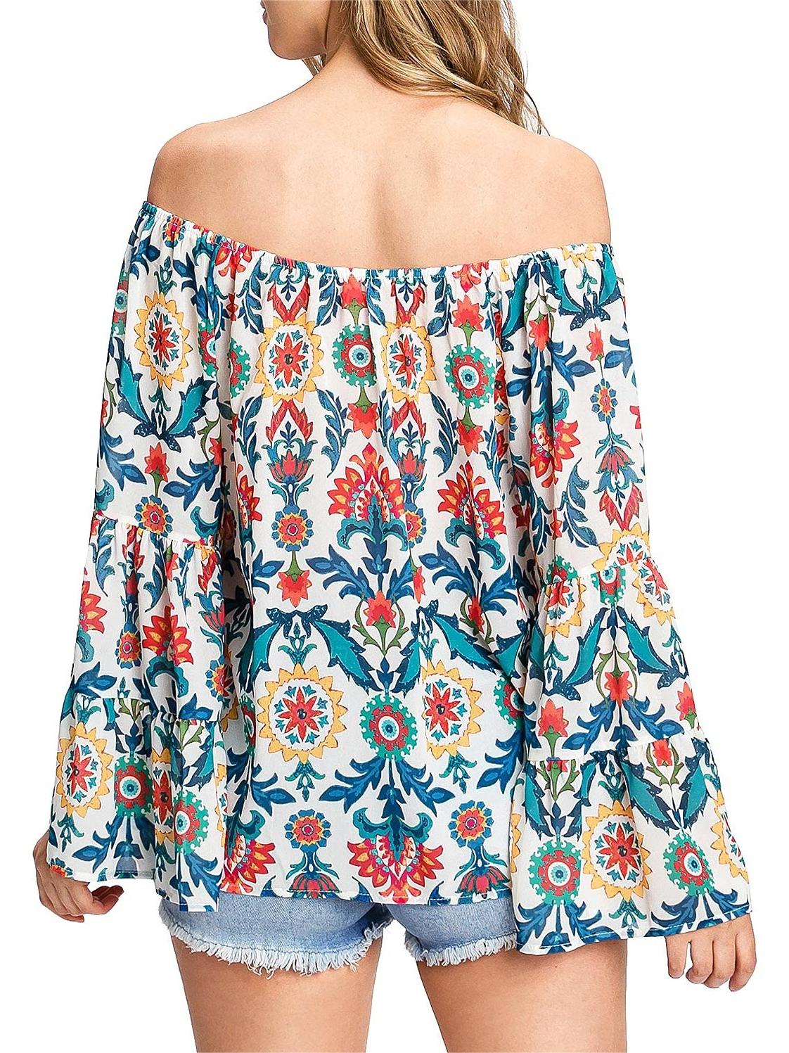 Multicolor Floral Off - Shoulder Bell - Sleeve Blouse