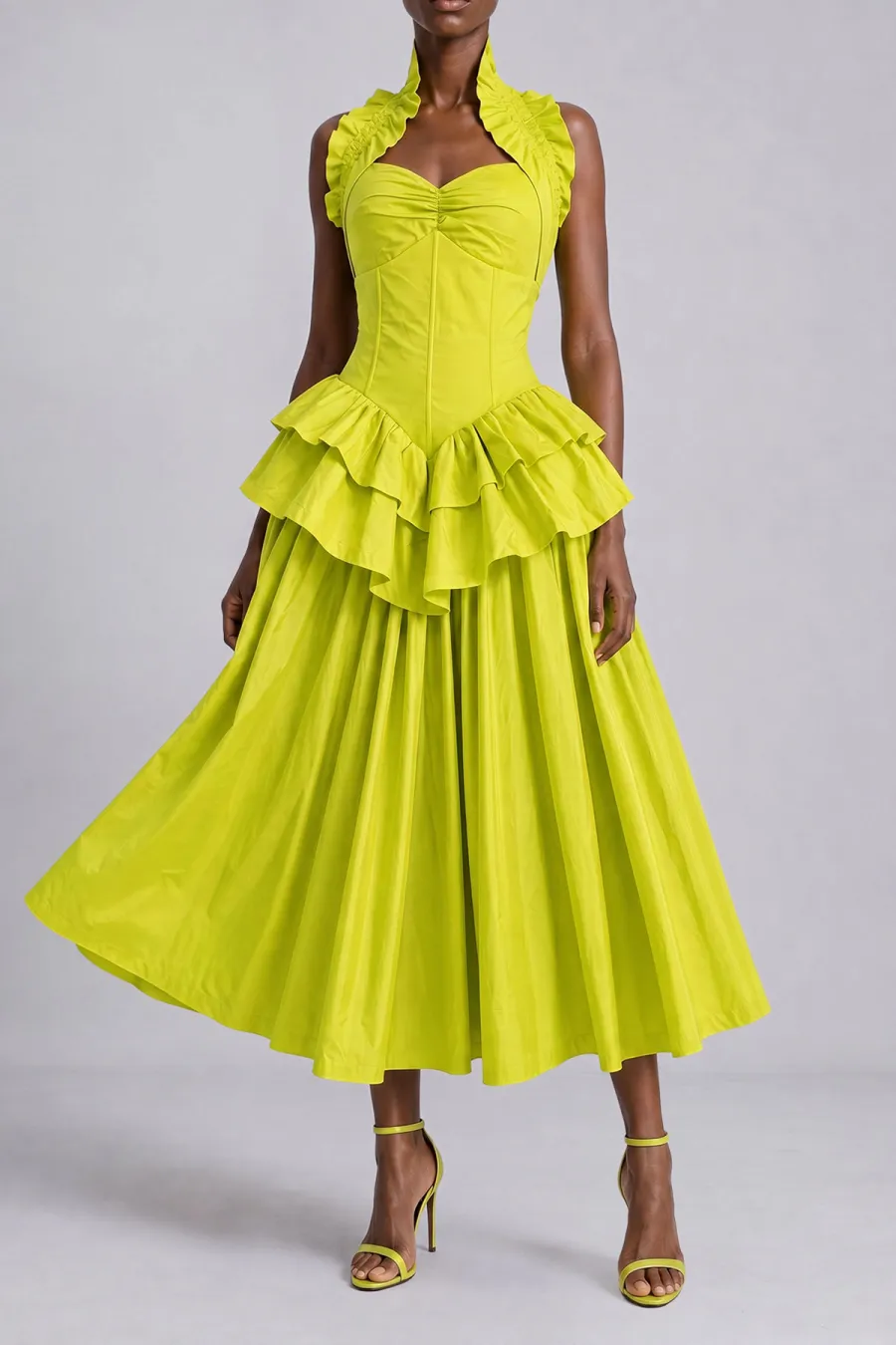 Classic Ruched Ruffle Midi Dress