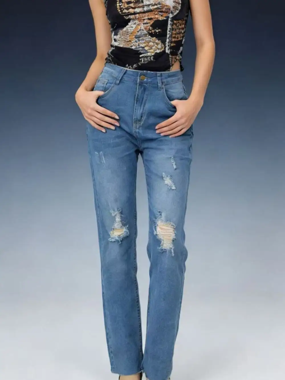Soft High Waist Distressed Denim Jeans