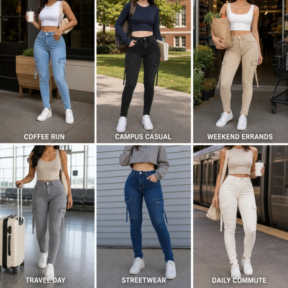 Women's Multi-Pocket Denim Cargo Pants High-Waisted Slim Fit