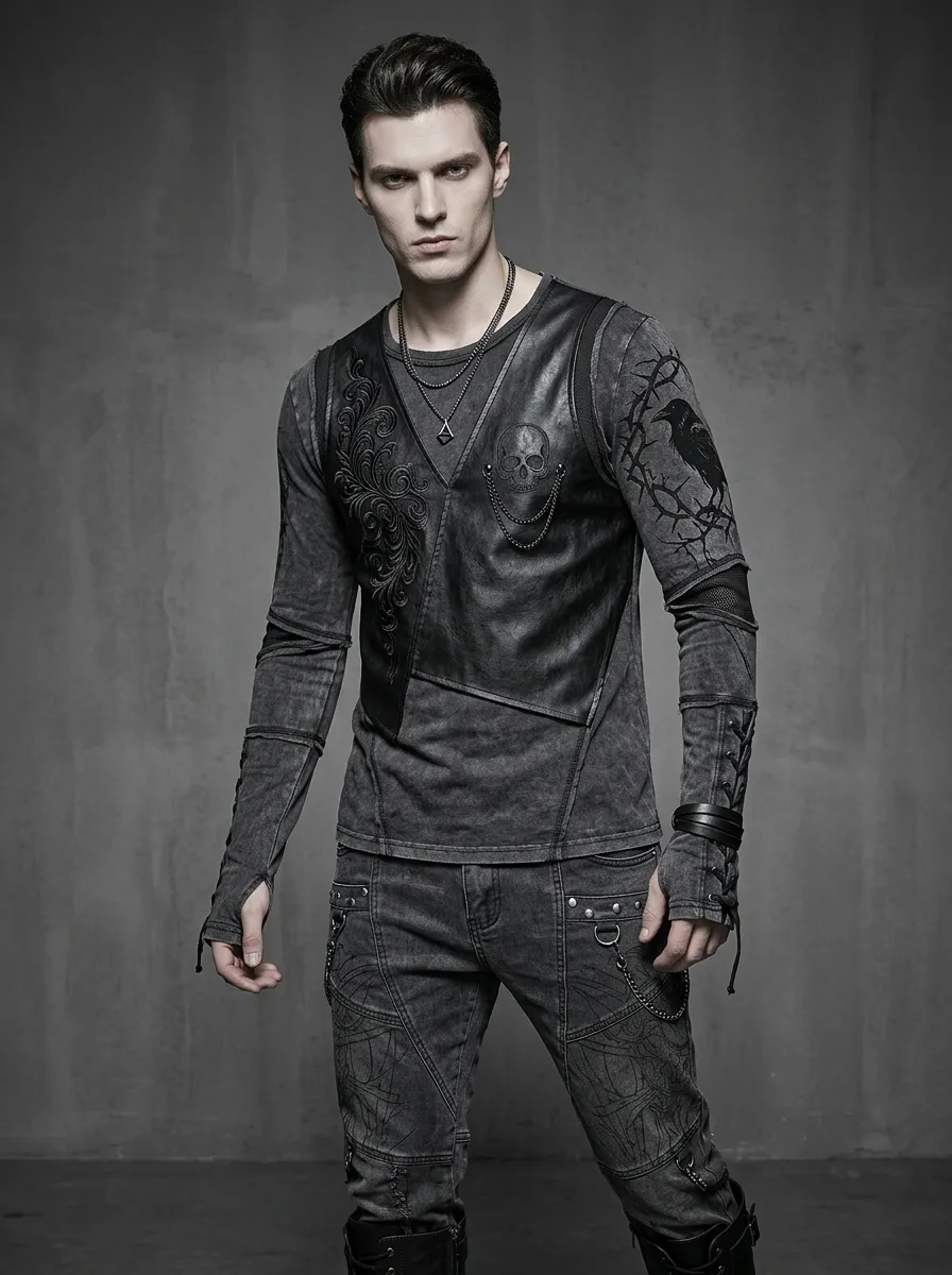 Men's Gothic Skull Raven Printed Long Sleeve Top