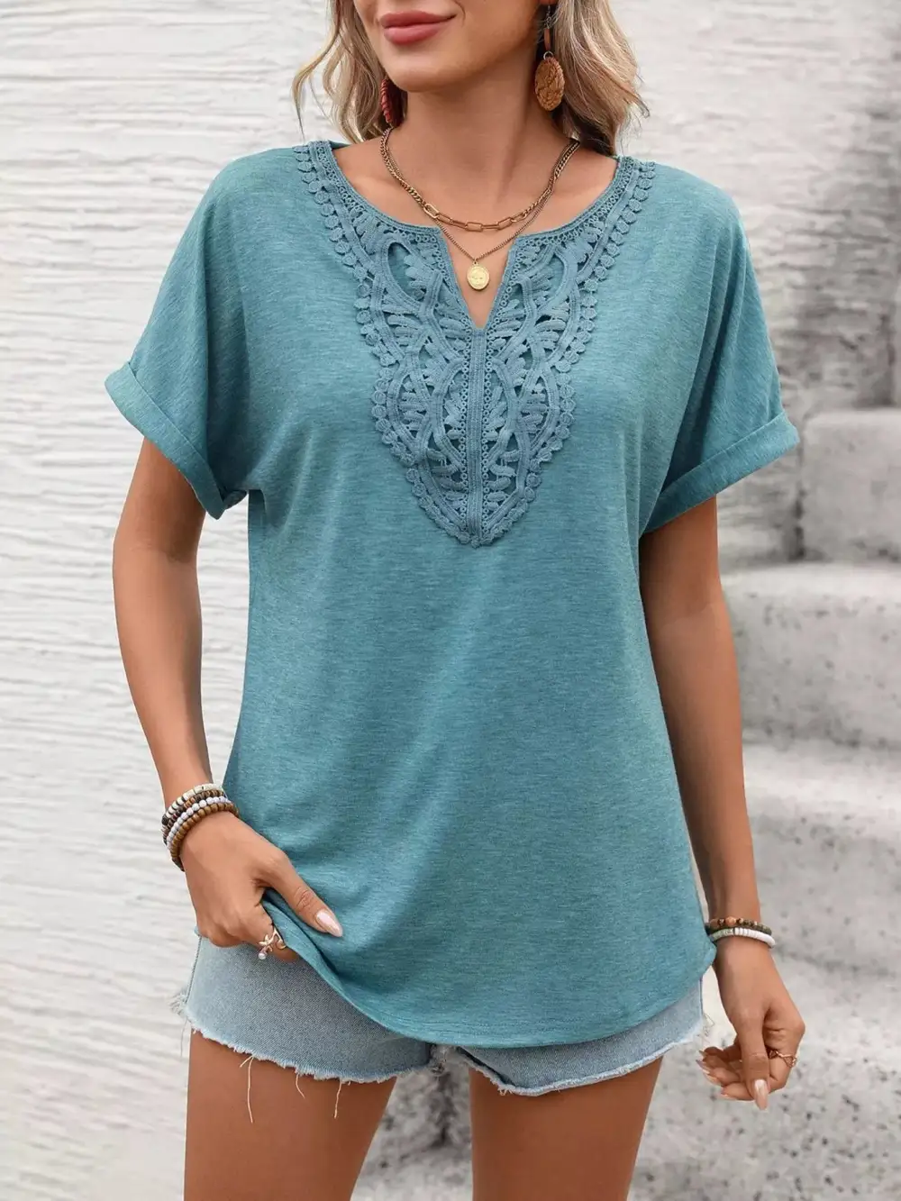 Lace Trim Detail Short Sleeve T-Shirt