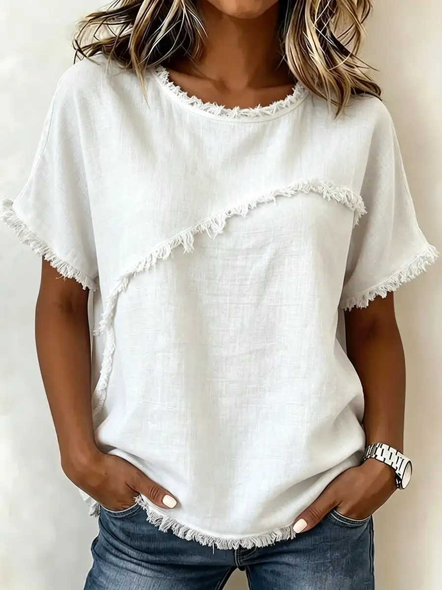 Relaxed Short Sleeve Fringed Panel Detail Round Neck T-Shirt