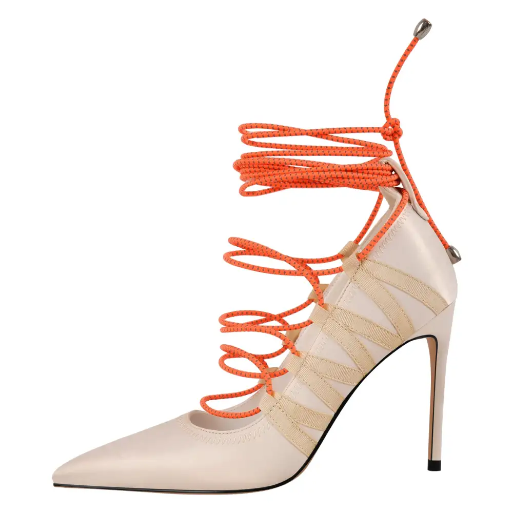 Modern Satin Finish Lace Detail Pointed Toe Stiletto Lace Up Pumps