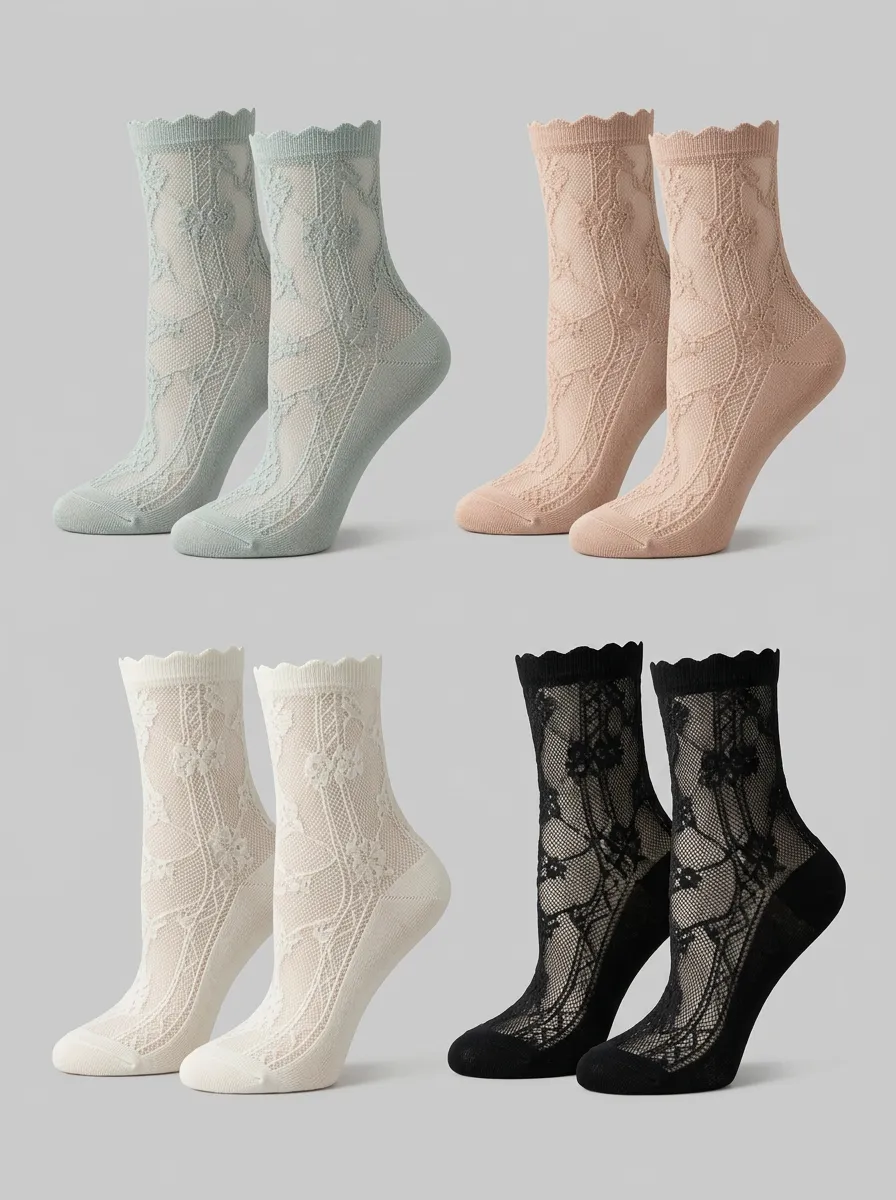 Women's Vintage Floral Lace Scalloped Edge Printed Socks Multi-pack