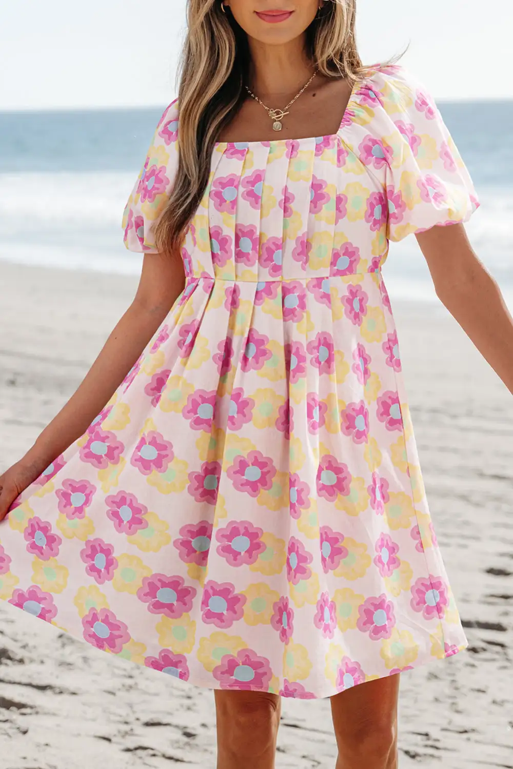 Floral Pleated Puff Sleeve Mini Dress