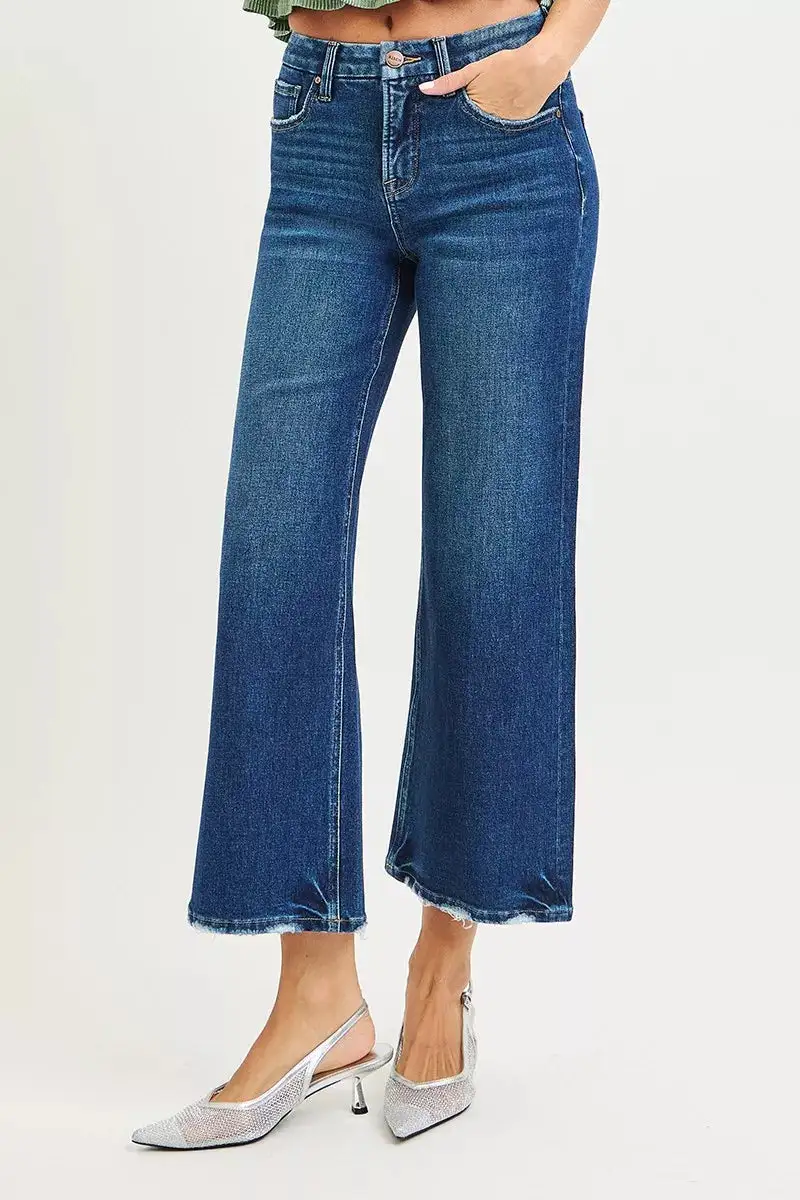 Modern High Rise Raw Hem Wide Leg Jeans