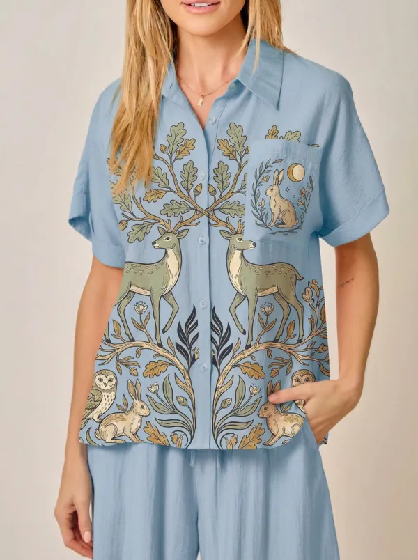 Women's Forest Animal Deer Rabbit Owl Nature Printed Button-up Shirt
