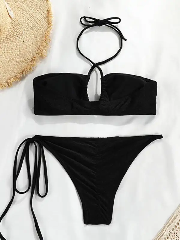 Polka Dot Print Split Bandeau Bikini Swim Set
