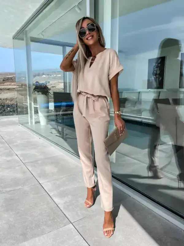 Short Sleeved V Neck Slip Pocket Shorts