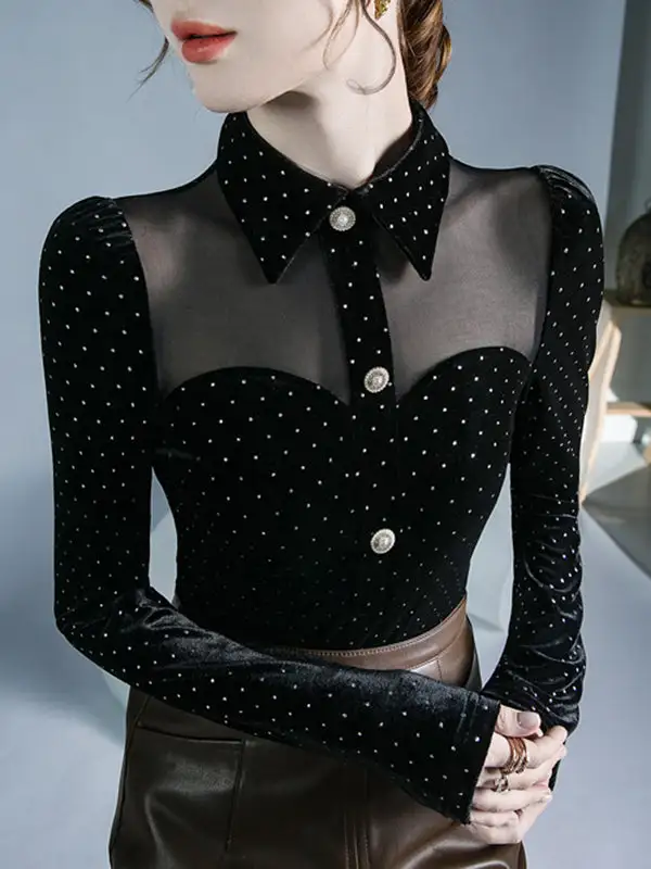 Long Sleeve Slim Fit Button Detail Polka Dot Panel Detail Lapel T-Shirt