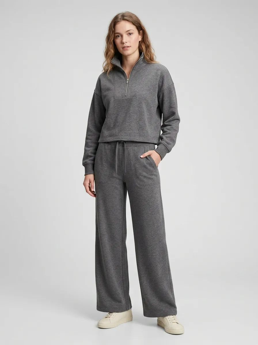Women's Casual Lounge Grey Quarter-Zip Cropped Sweatshirt Wide-Leg Pants Set