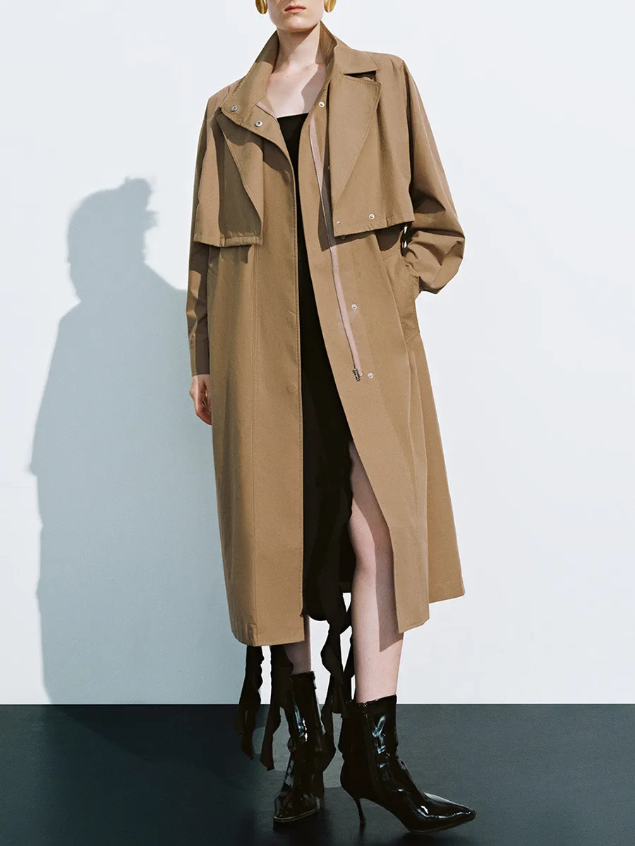 Ladies' Khaki Long Casual Style Large Lapel Trench Coat