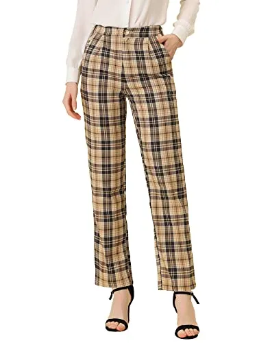 Women's Plaid Pants Elastic Waist Casual Work Office Long Trousers