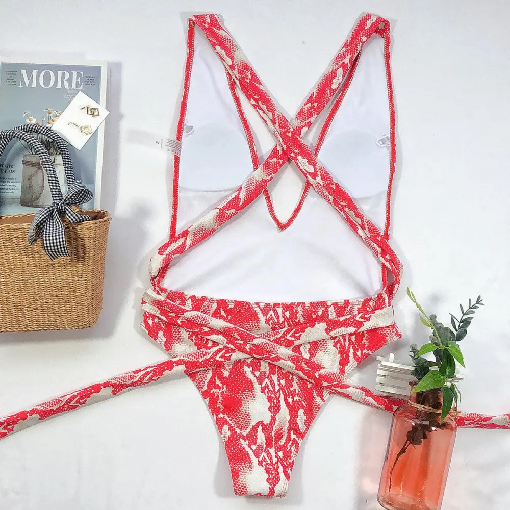 Halter Neck Deep V Tied One Swimsuit