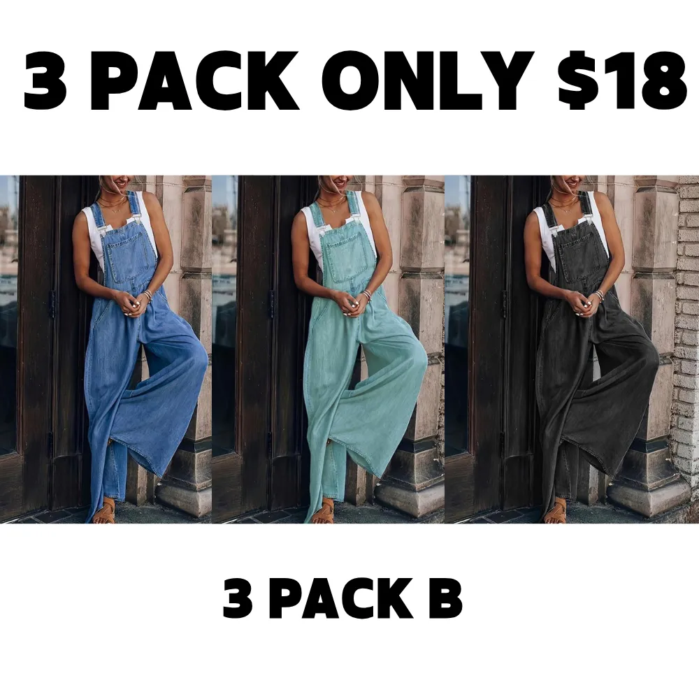 Women's Denim-Effect Print Plicated Wide Leg Overalls Jumpsuit