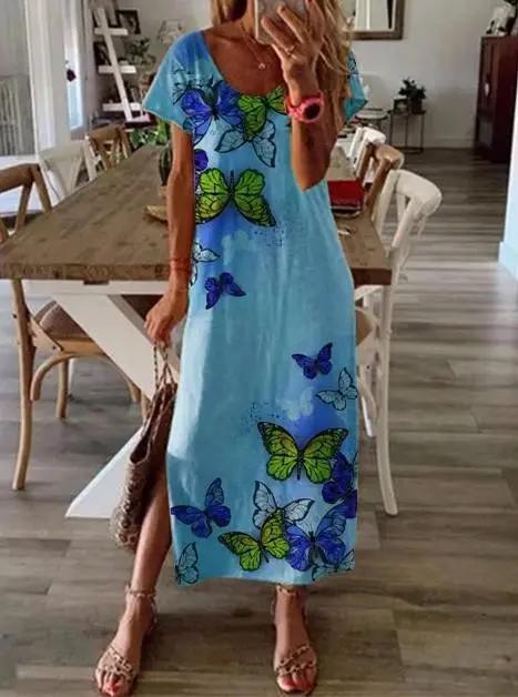 Butterfly Print Crew Neck Holiday Slit Dress