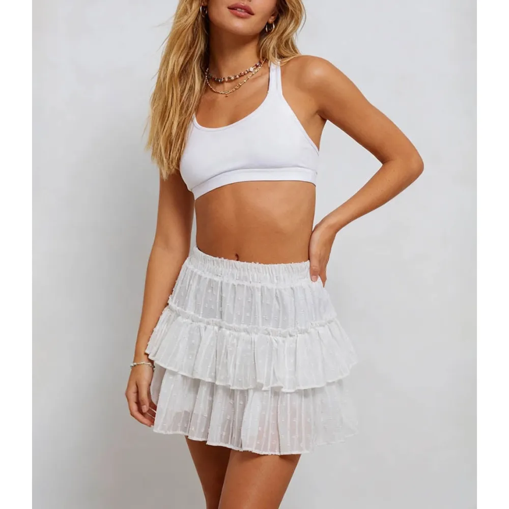 Swiss Dot Tiered Ruffle Elastic Waist Mini Skirt