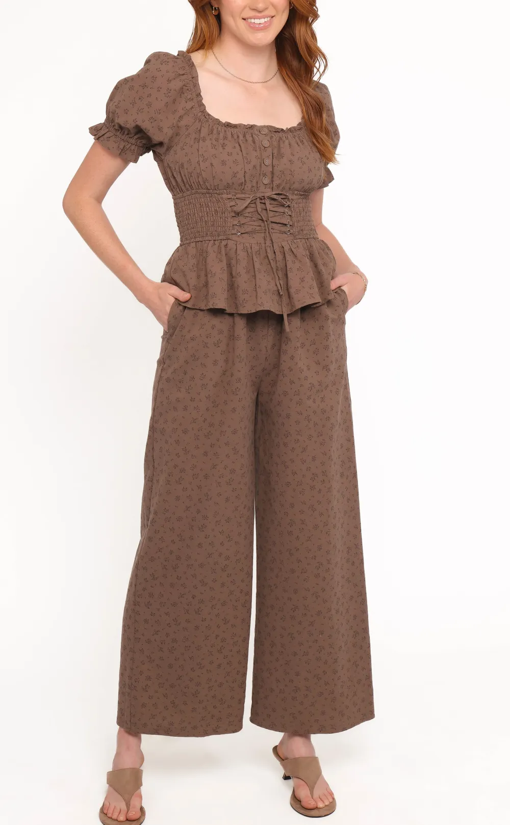 Wide-Leg Pocket Ruffled Short-Sleeve Floral Jumpsuit