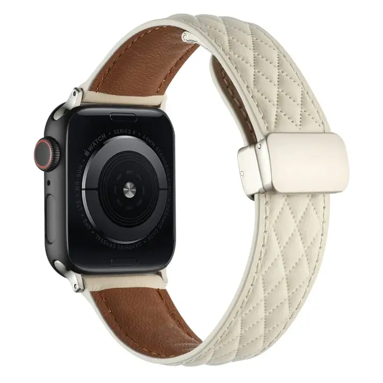 Rhombus Pattern Magnetic Folding Buckle Leather Watch Band for Watch Series 7 45 mm - Creamy White
