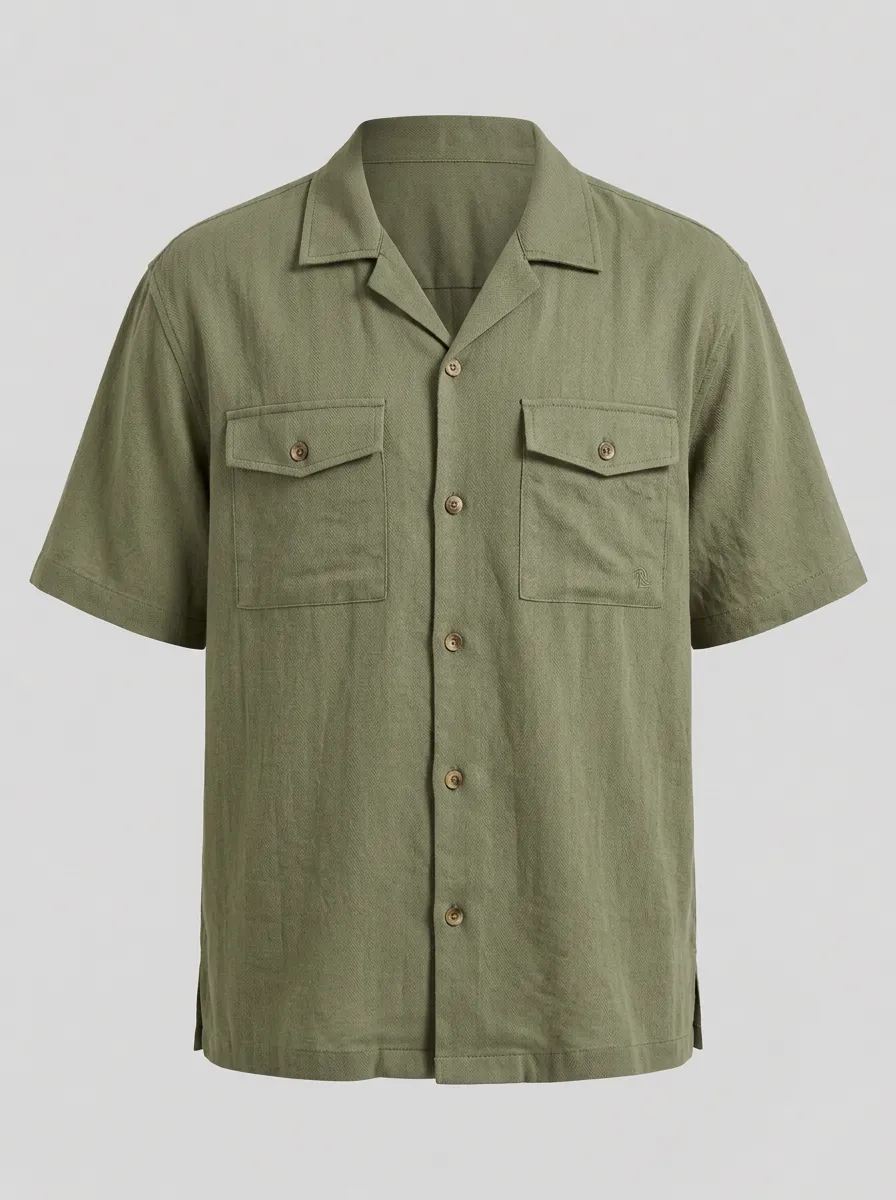 Men's Casual Summer Olive Green Breathable Linen Blend Short Sleeve Shirt