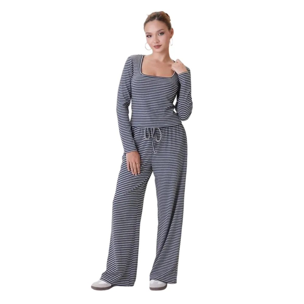 Women's Slouchy Square Neck Stripe Long Sleeve Crop Top & Low-Rise Wide Leg Trousers Co-ord