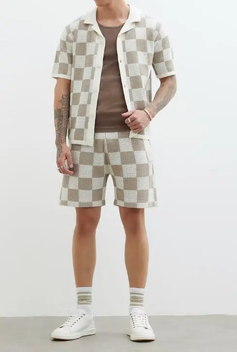 Brown And White Men's Knitted Plaid Shirt