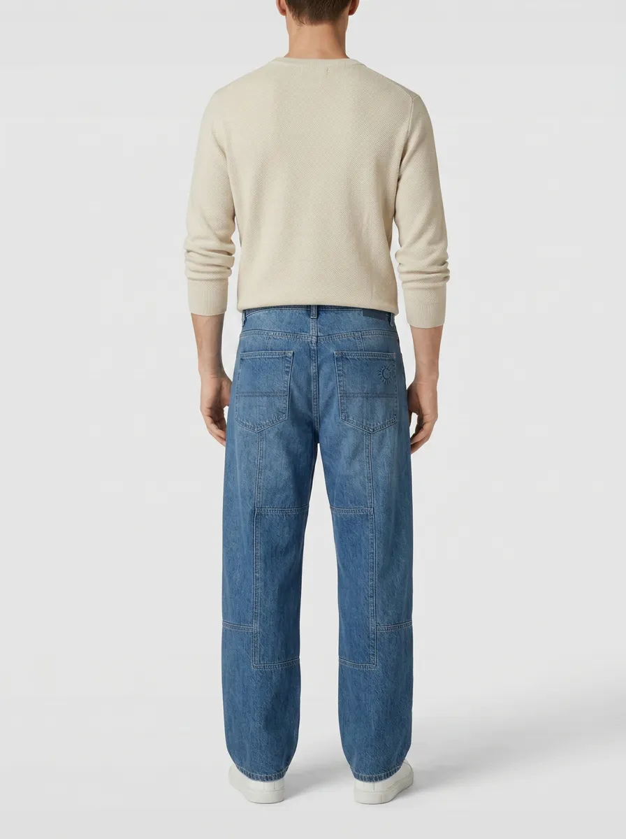 Men's Patchwork Stitch Detail Wide Leg Jeans