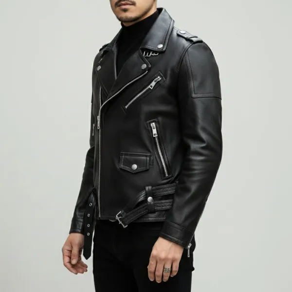 Functional Leather Biker Motorcycle Multi Pocket Jacket