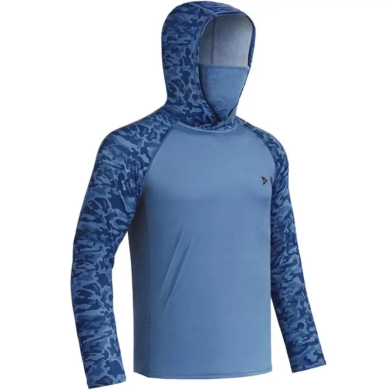 Men UPF 50+ UV Sun Hoodie Shirts with Mask Neck Gaiter  Protection Raglan Long Sleeve Lightweight Quick Dry Moisture Wicking Breathable Cooling Athletic Activewear