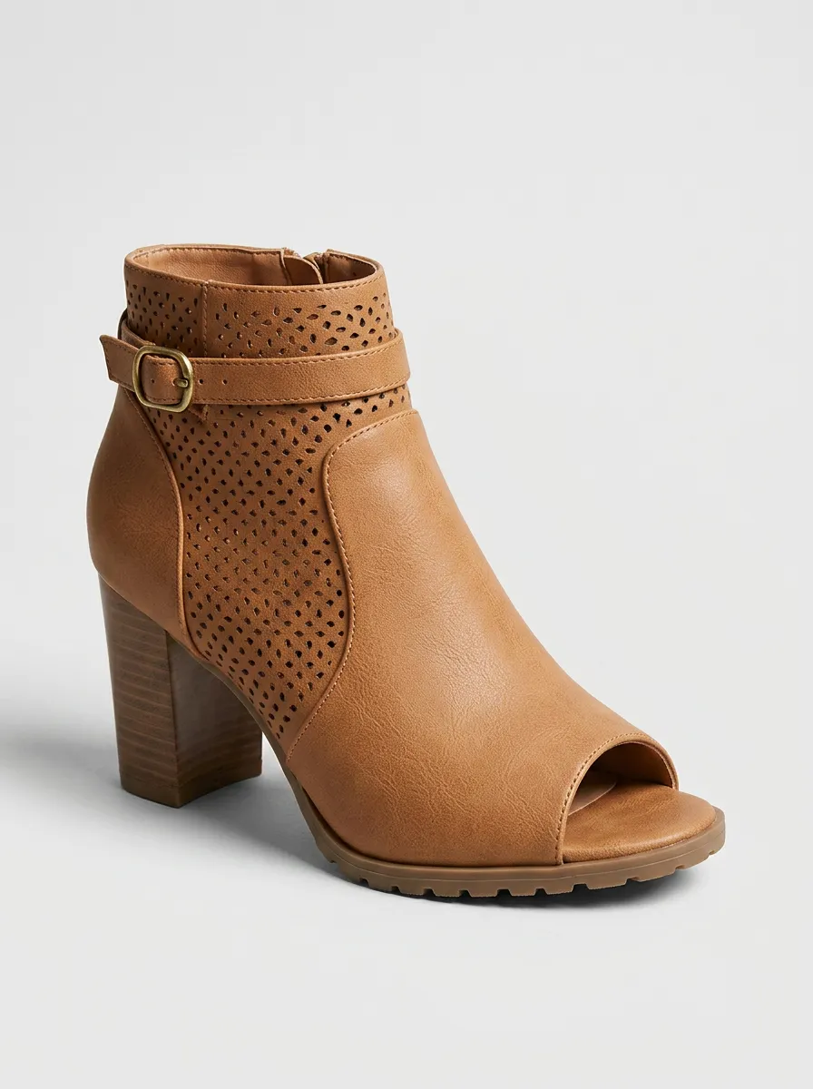 Laser-Cut Buckle-Strap Buckle-Detail Women's Peep-Toe Ankle Boots