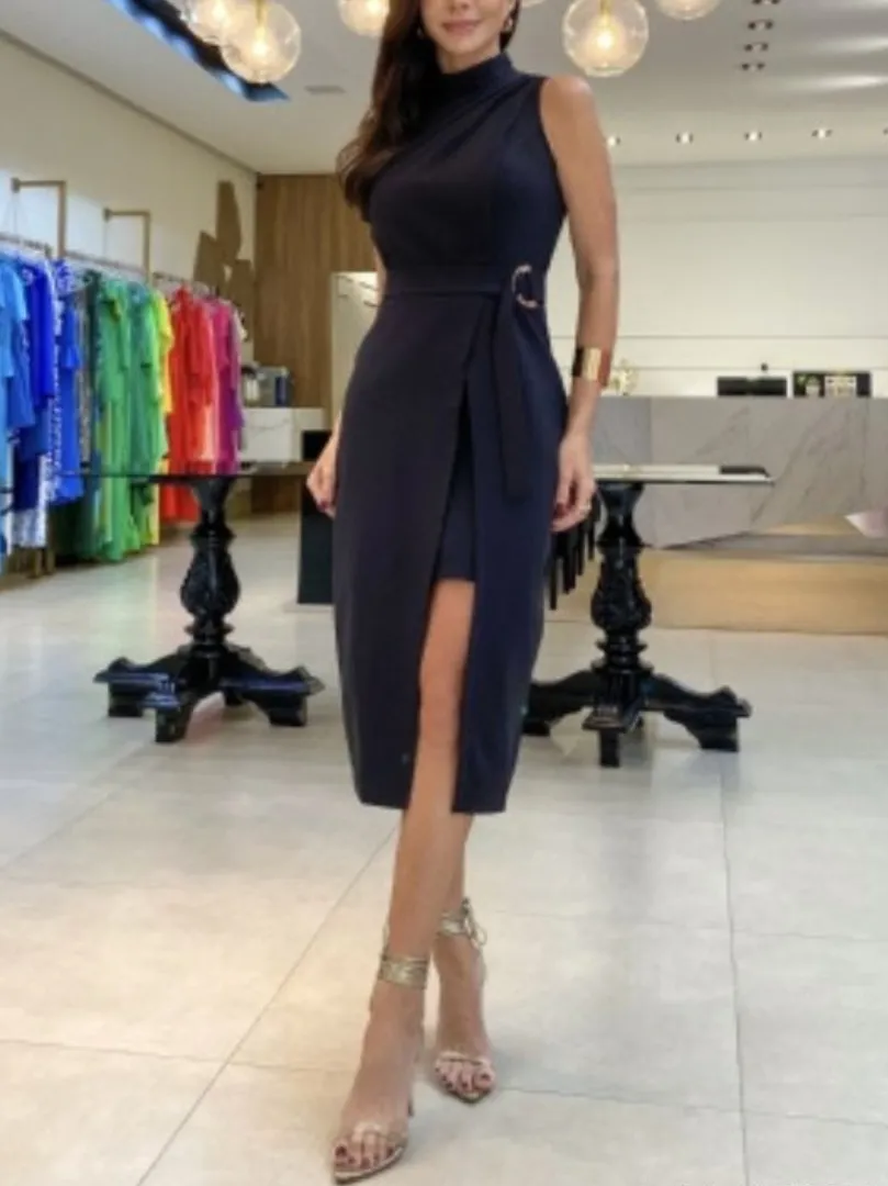 Elegant Stand Collar Fake Two Piece Midi Dress