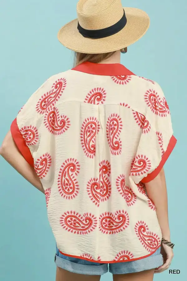 Paisley Print Contrast Trim Top