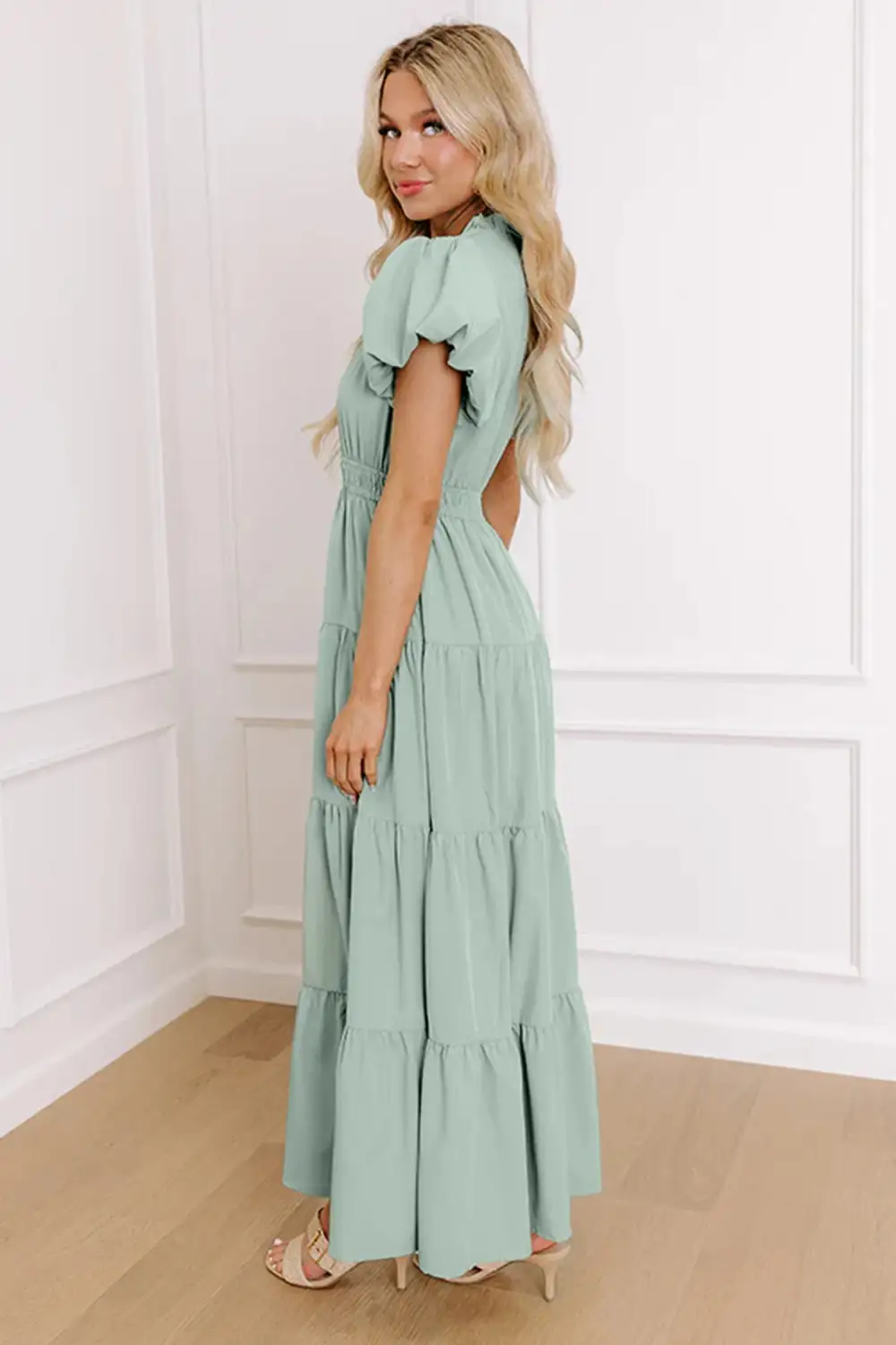 V Neck Tiered Puff Sleeve Maxi Dress