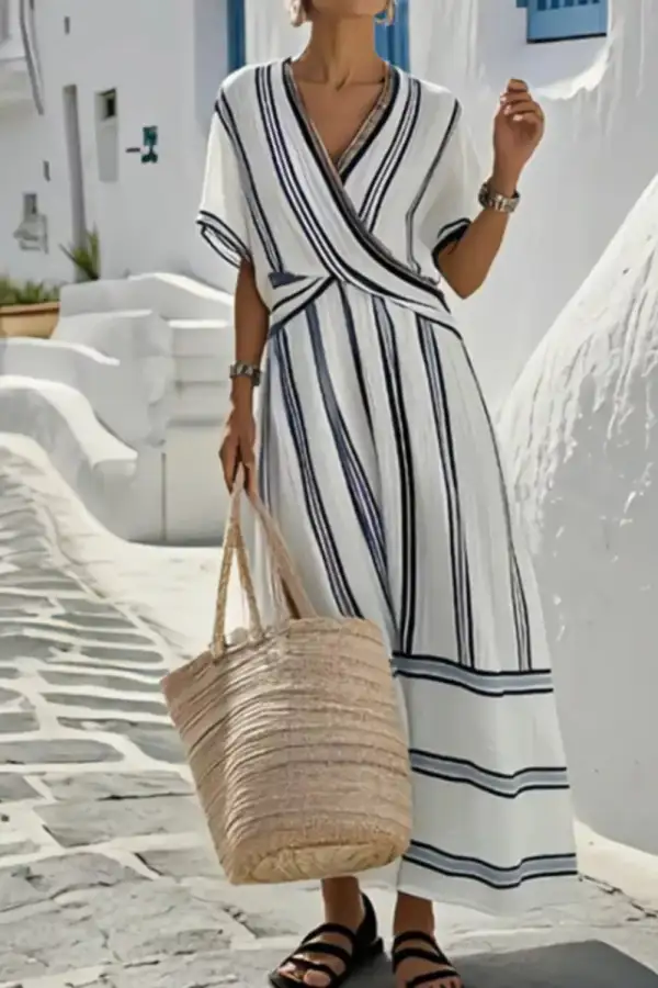 Striped Wrap Short Sleeve Maxi Dress