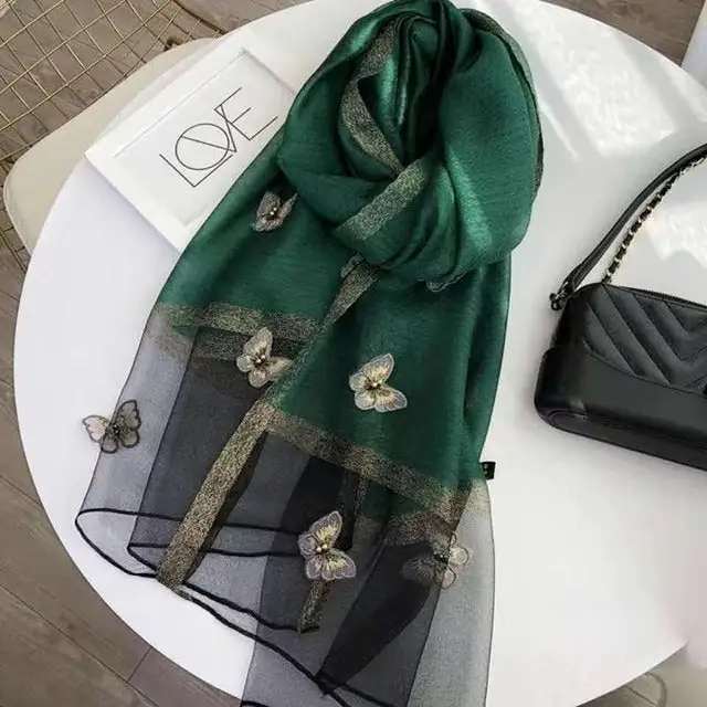 Embroidered Butterfly Silk Scarf