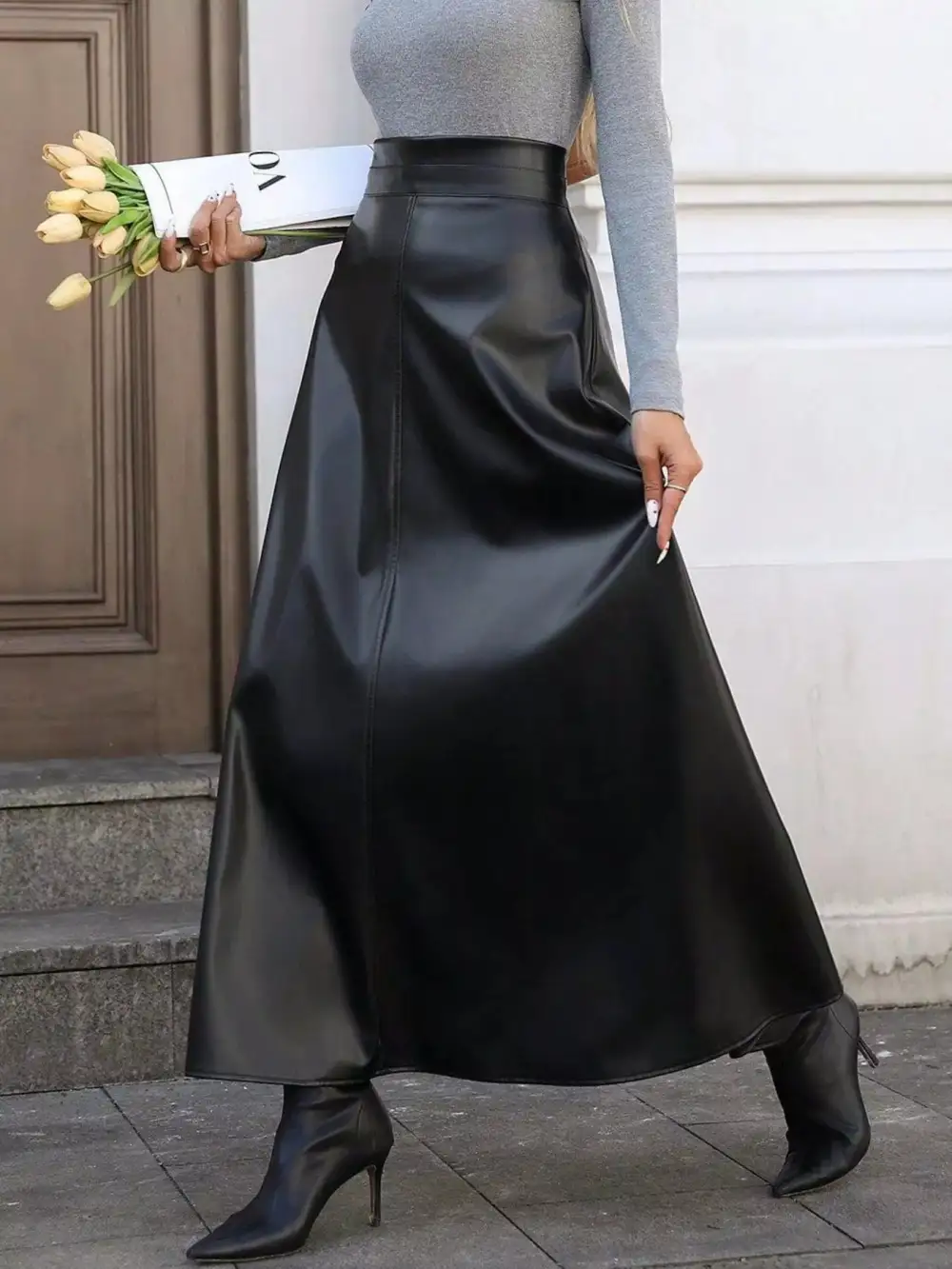 Leather A-line Midi Skirt