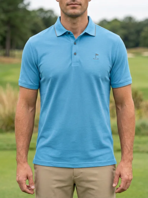 Course Flag-Motif Embroidered Golf Polo Shirt