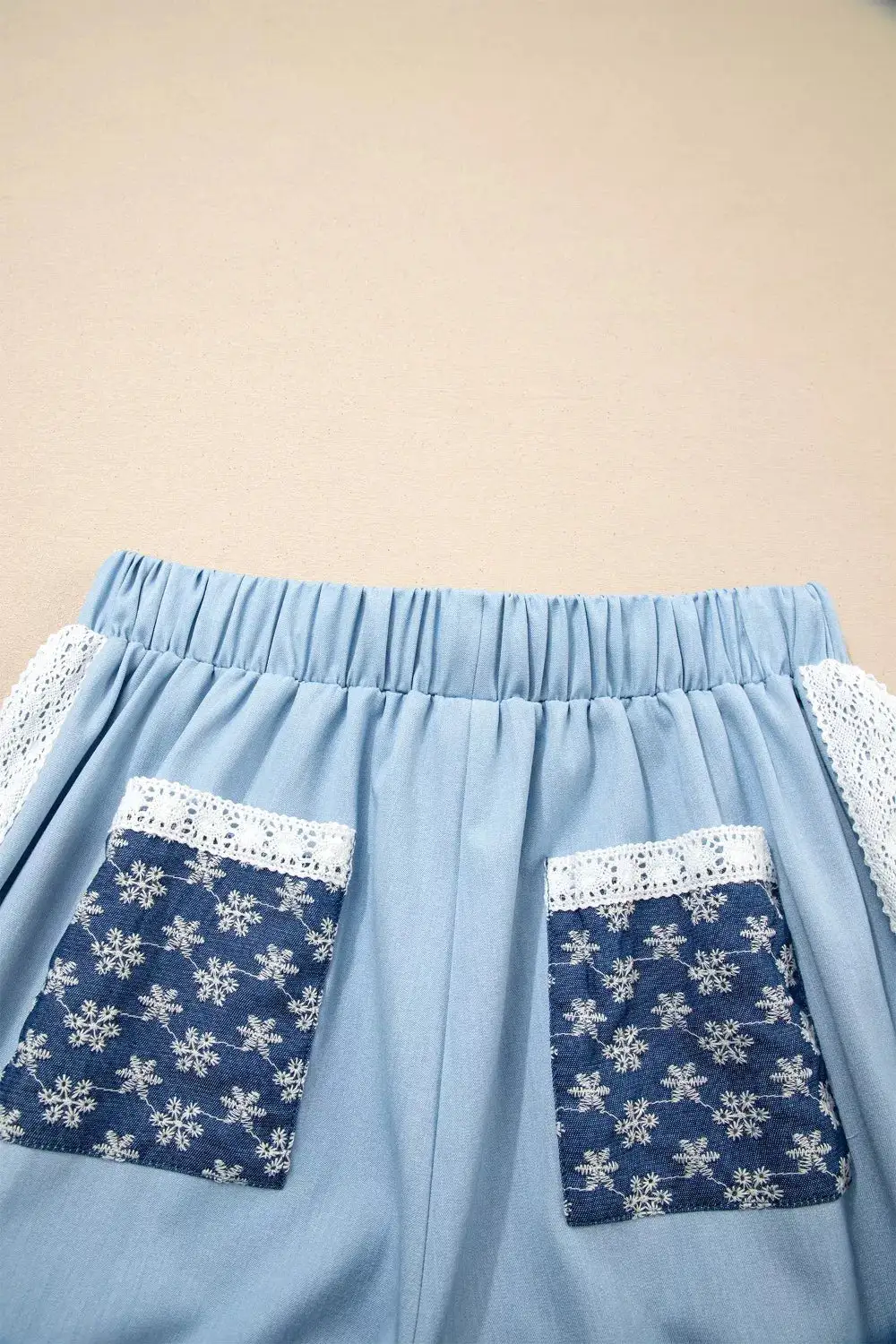 Lace Accent Floral Patched Pocket Pleated Wide Leg Slouchy Pants