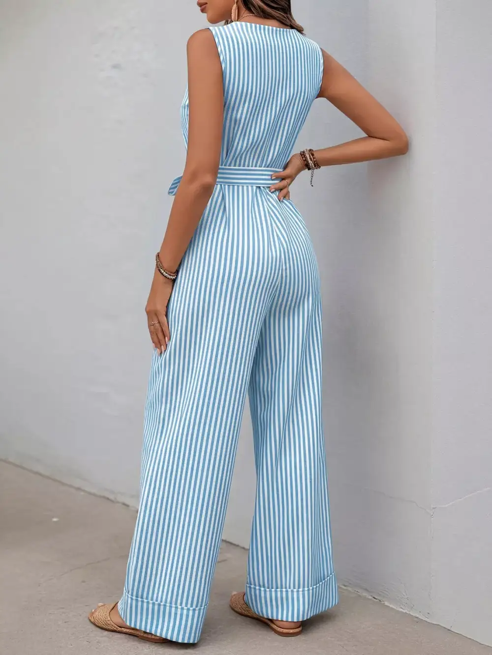 Striped Button Front Tie Waist Wide Jumpsuit