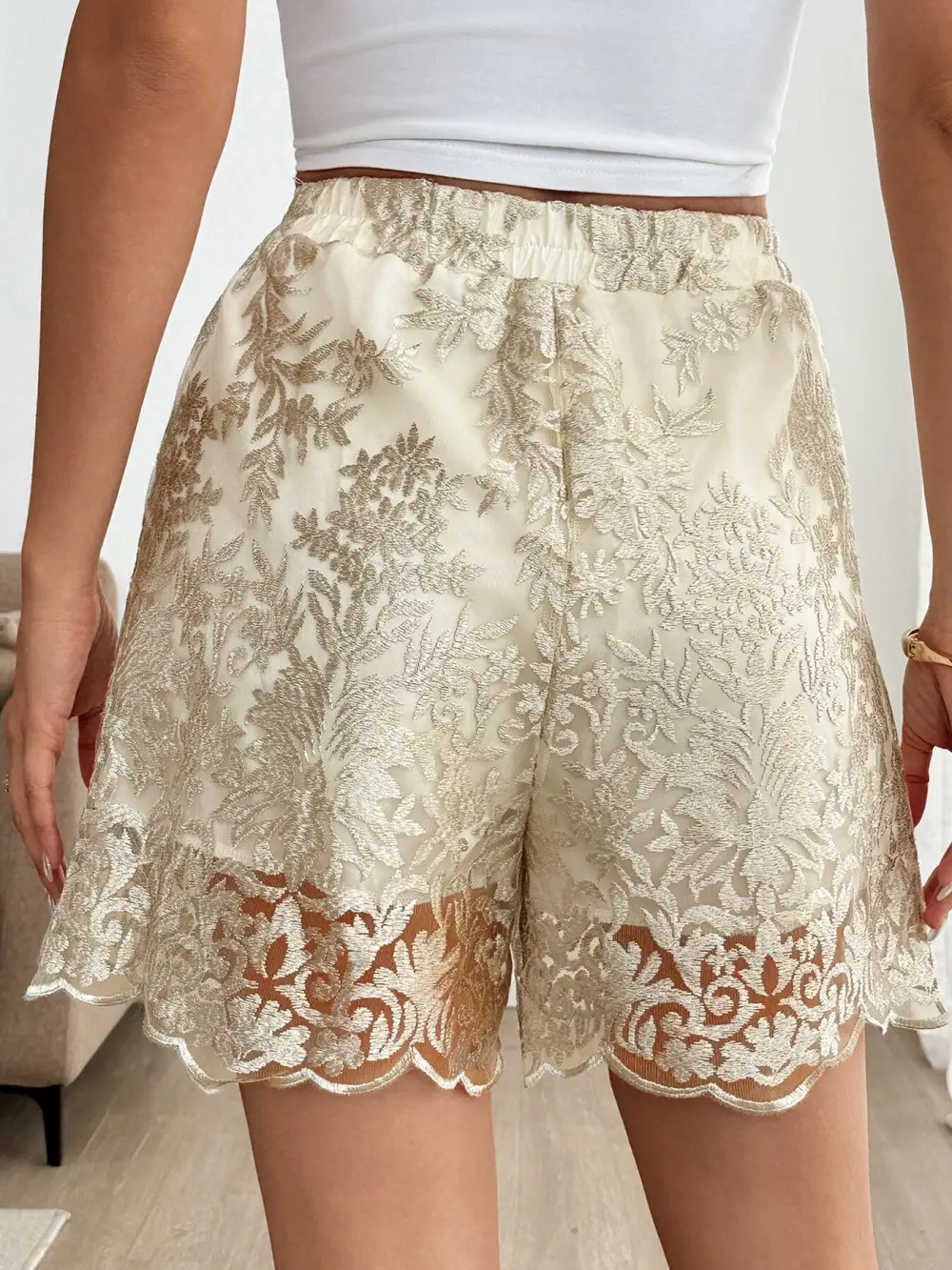 Everyday Elastic Waist Lace Trim Shorts