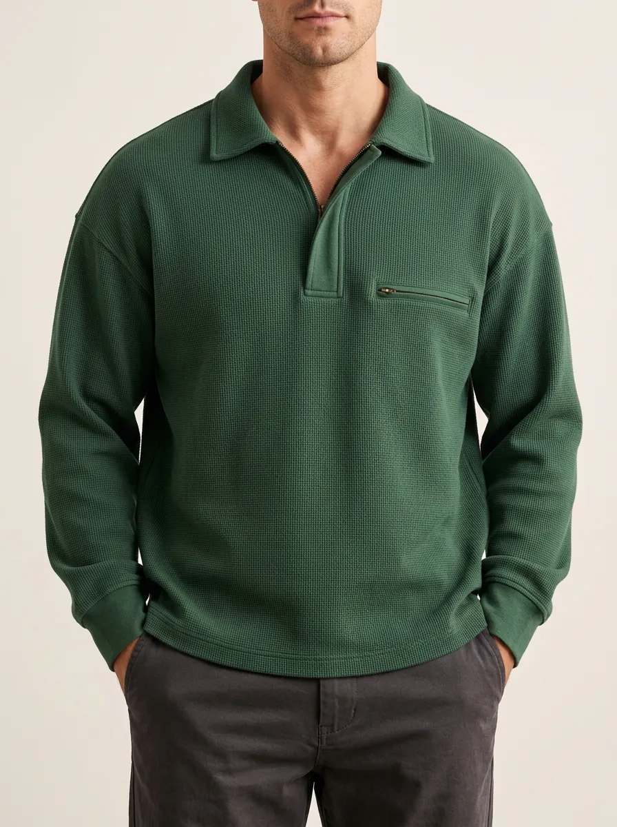 Relaxed Everyday Pullover with Waffle Knit Finish and Quarter-Zip Front
