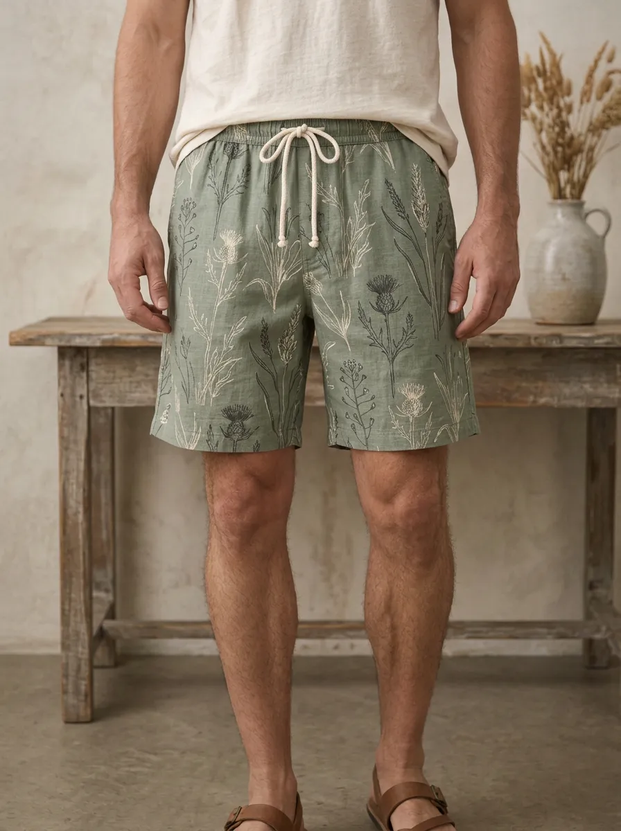Men's Botanical Nature Thistle Floral Drawstring Shorts