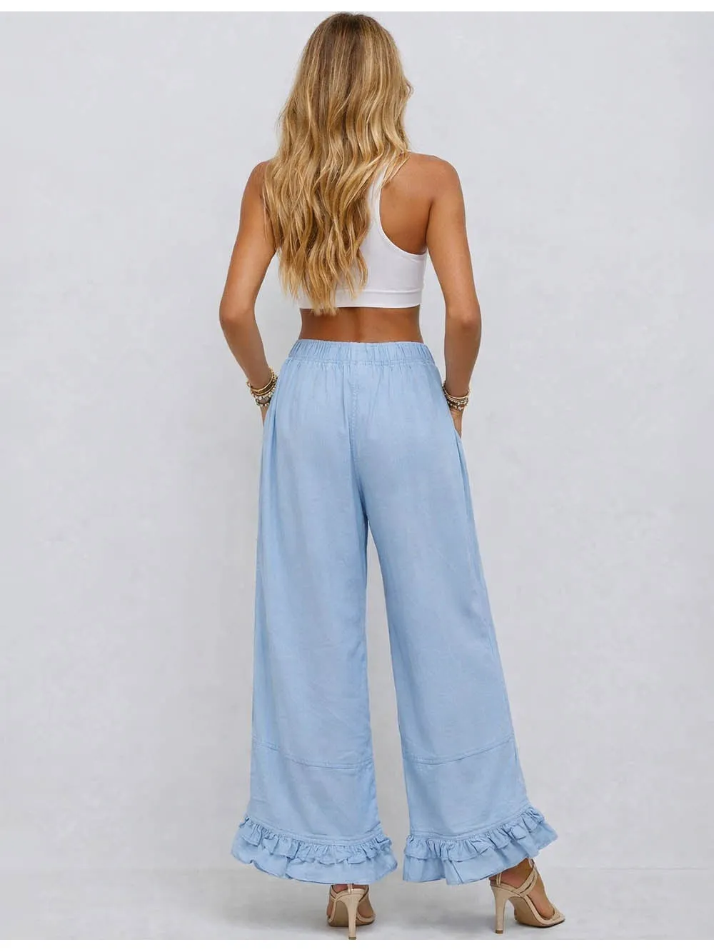 Elastic Waist Drawstring Ruffle Hem Wide Leg Pants