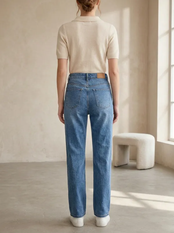 Women's Casual Style Blue Denim High Waisted Jeans
