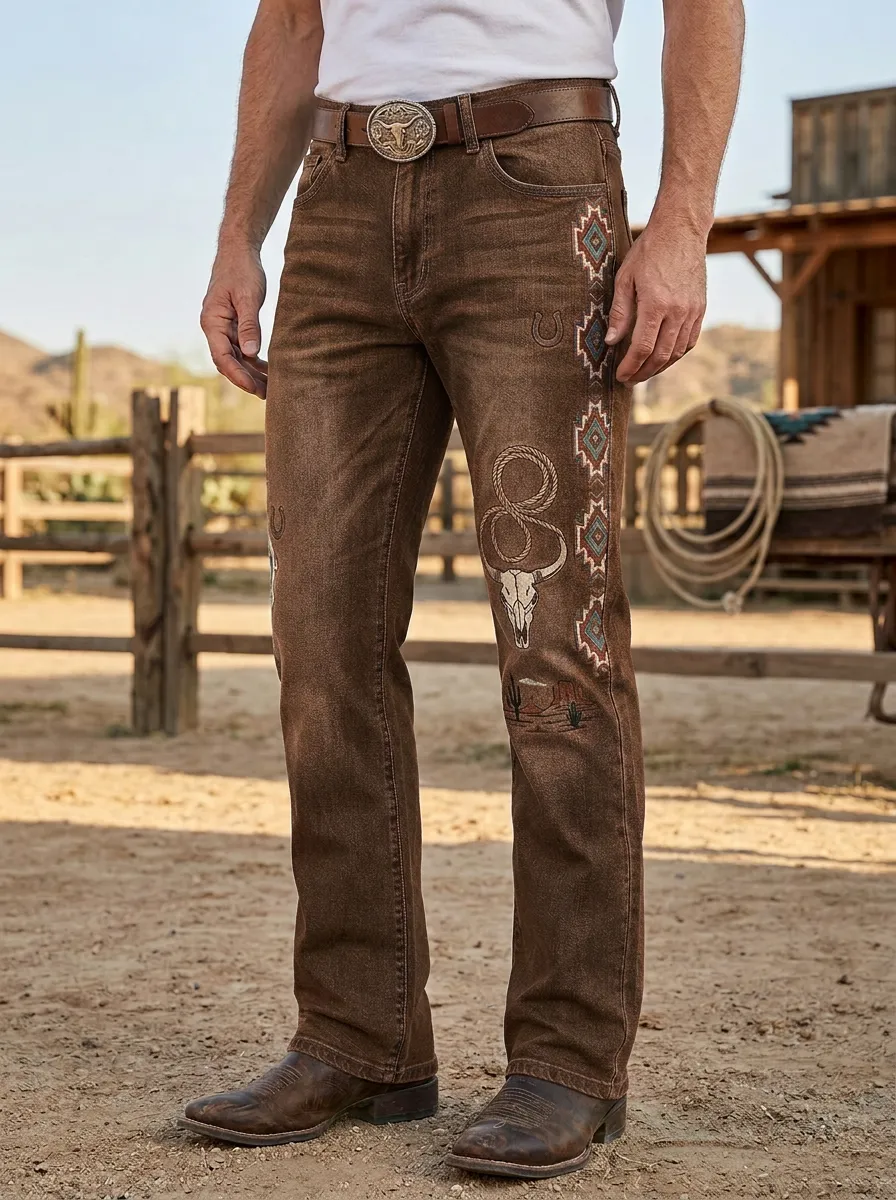 Men's Western Cowboy Horseshoe Horse Skull Jeans