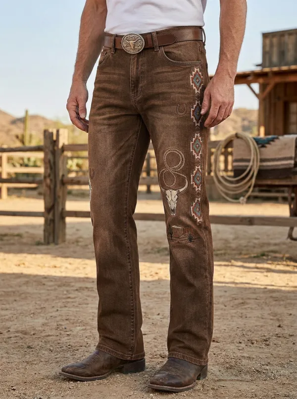 Men's Western Cowboy Horseshoe Horse Skull Jeans