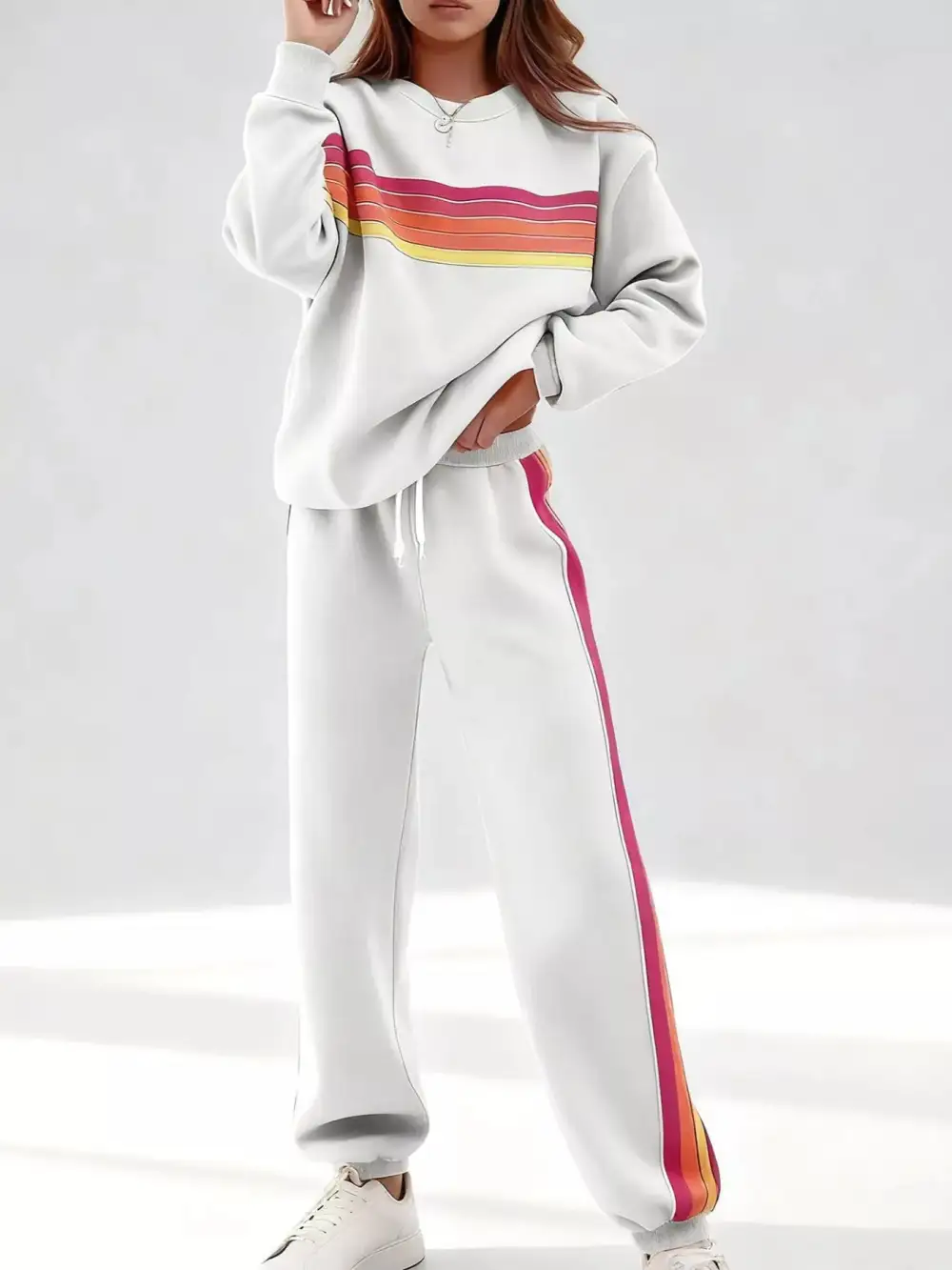 Striped Round Neck Sweatshirt and Pants Set